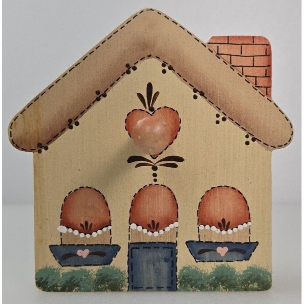 VTG Wood House Wall Peg Hook Hand Painted Folk Art Cottage Decor Primitive 1990s